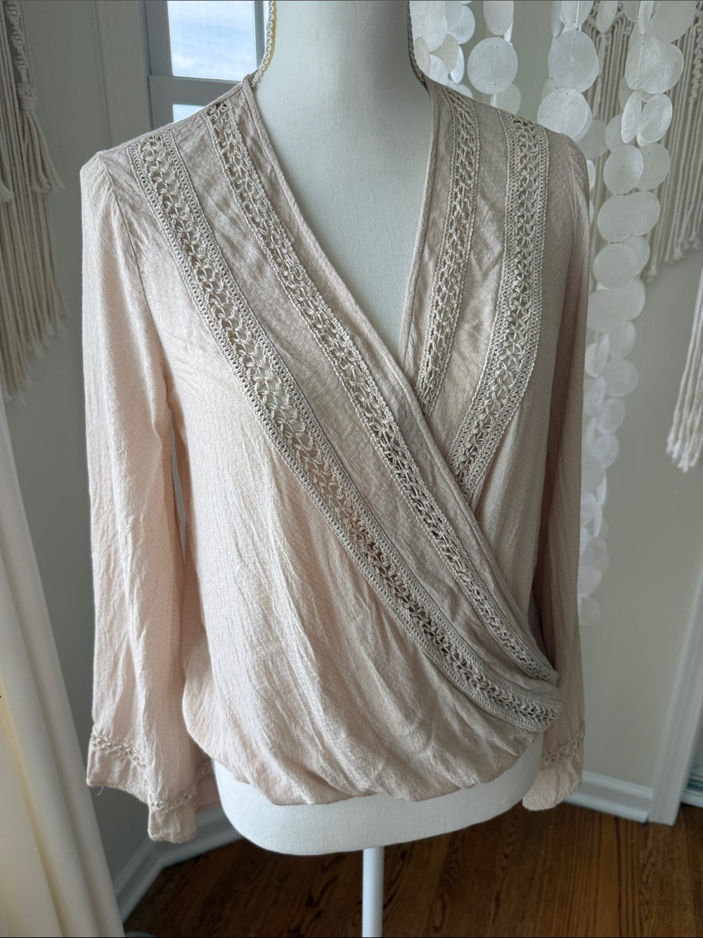 Women's Lace Trim Wrap Blouse - Cream small